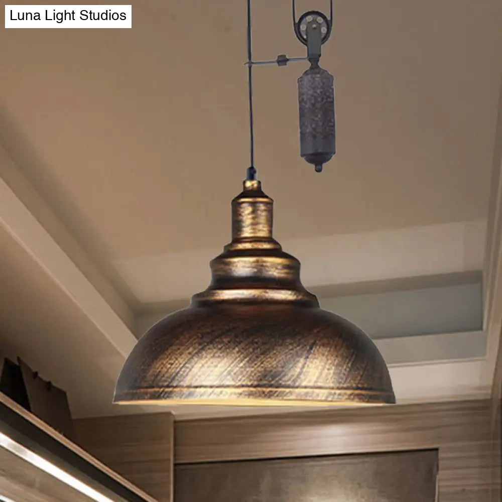 DecorBites™ Rustic Industrial Dome Pendant Lamp with Pulley - 1 Light Metal Fixture in Brown/Grey for Living Room Lighting