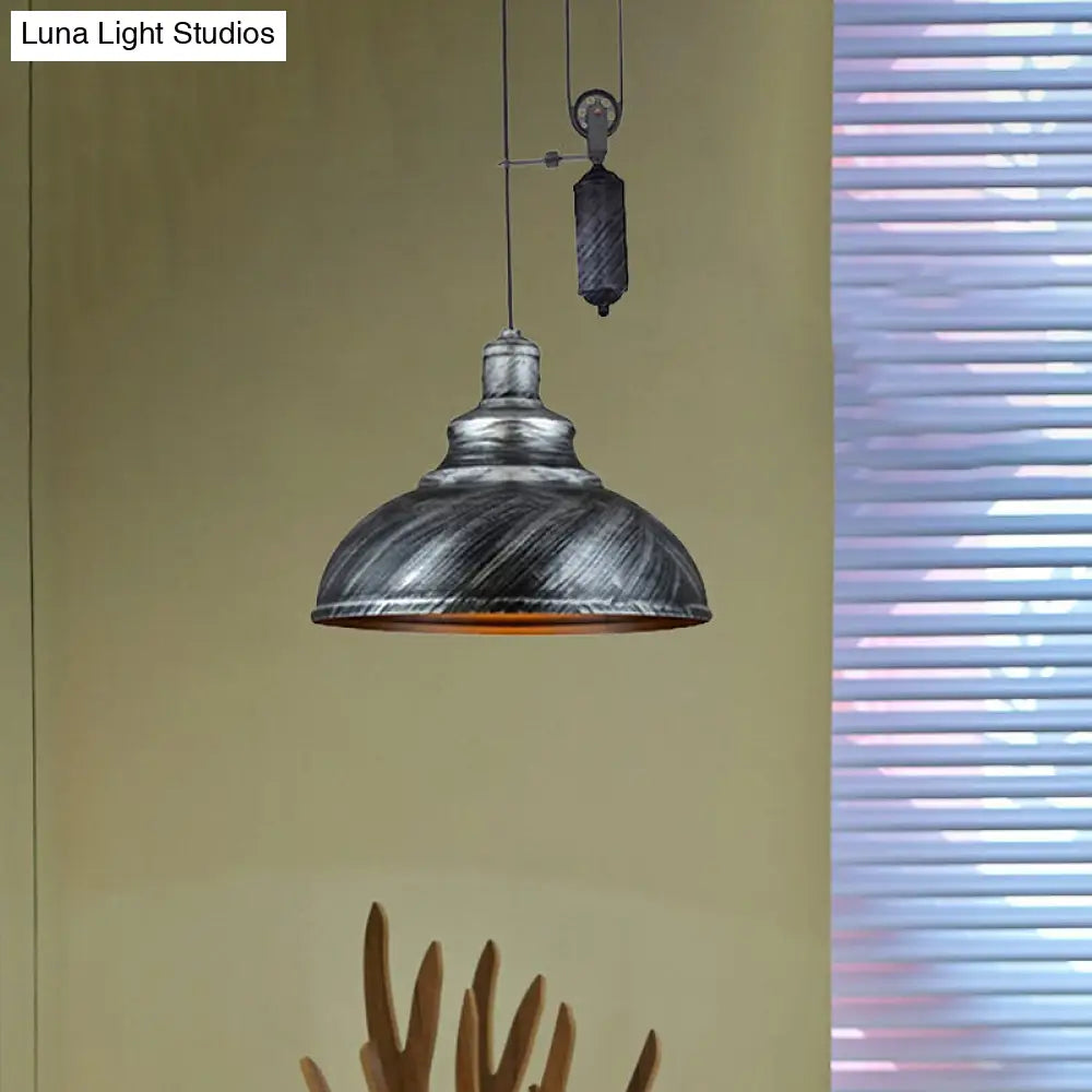 DecorBites™ Rustic Industrial Dome Pendant Lamp with Pulley - 1 Light Metal Fixture in Brown/Grey for Living Room Lighting