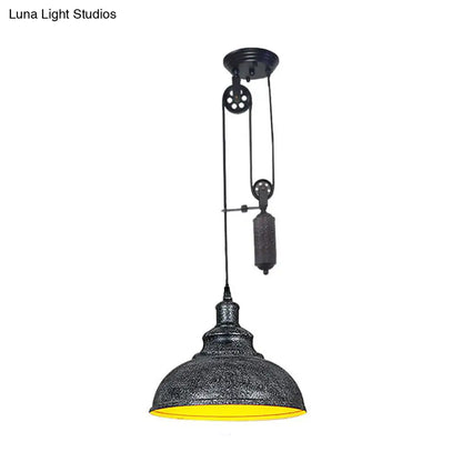 DecorBites™ Rustic Industrial Dome Pendant Lamp with Pulley - 1 Light Metal Fixture in Brown/Grey for Living Room Lighting