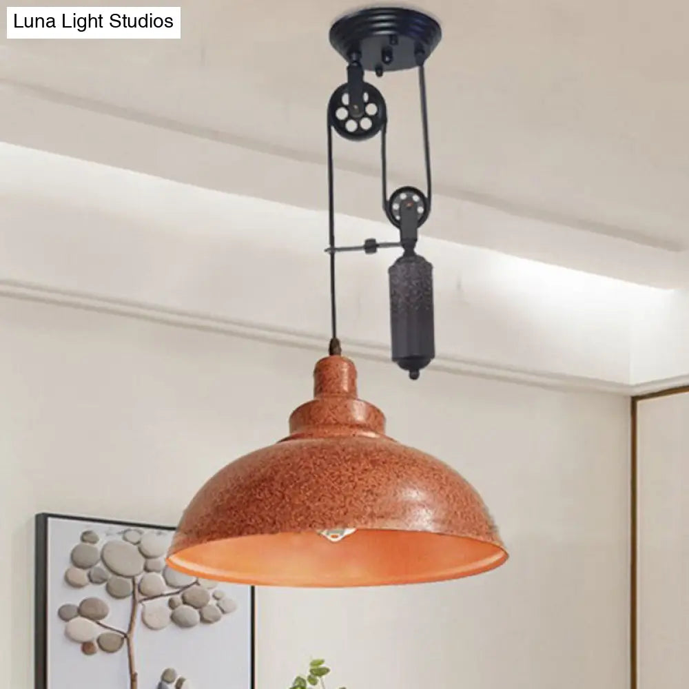 DecorBites™ Rustic Industrial Dome Pendant Lamp with Pulley - 1 Light Metal Fixture in Brown/Grey for Living Room Lighting
