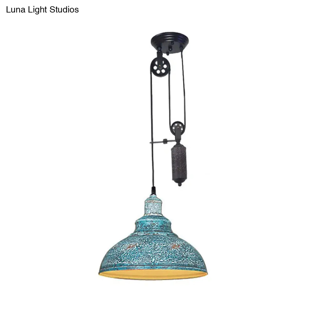 DecorBites™ Rustic Industrial Dome Pendant Lamp with Pulley - 1 Light Metal Fixture in Brown/Grey for Living Room Lighting