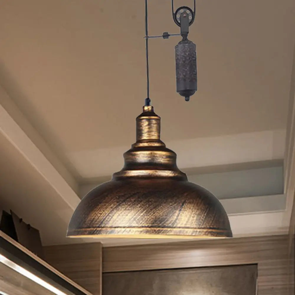 DecorBites™ Rustic Industrial Dome Pendant Lamp with Pulley - 1 Light Metal Fixture in Brown/Grey for Living Room Lighting