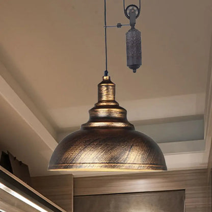 DecorBites™ Rustic Industrial Dome Pendant Lamp with Pulley - 1 Light Metal Fixture in Brown/Grey for Living Room Lighting