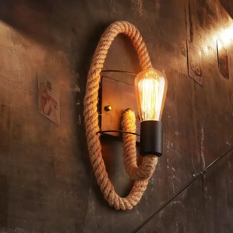 Rustic industrial hemp rope wall lamp bedroom edison sconce