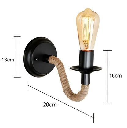 Rustic industrial hemp rope wall lamp bedroom wood sconce