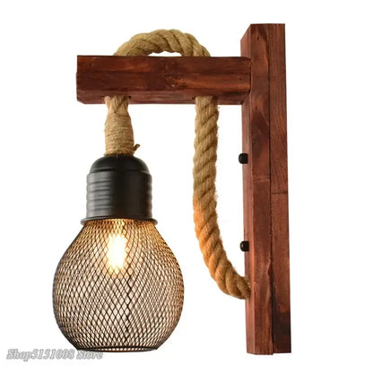 Rustic industrial hemp rope wall lamp bedroom wood sconce