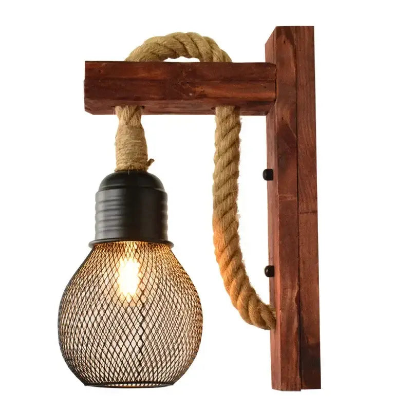Rustic industrial hemp rope wall lamp bedroom wood sconce