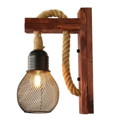 Rustic industrial hemp rope wall lamp bedroom wood sconce