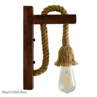 Rustic industrial hemp rope wall lamp bedroom wood sconce