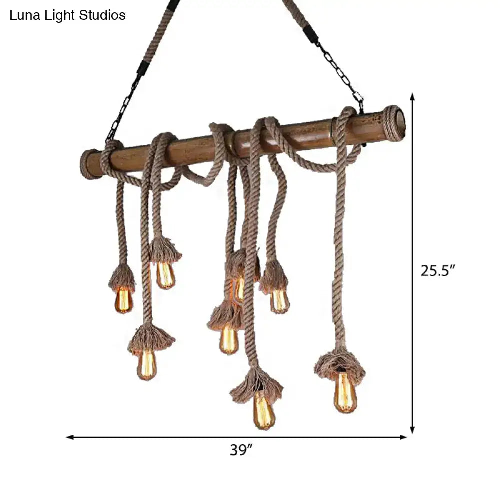 Rustic industrial wood and rope island pendant light dining room