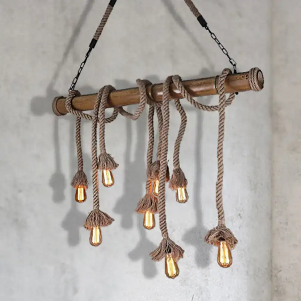 Rustic industrial wood and rope island pendant light dining room