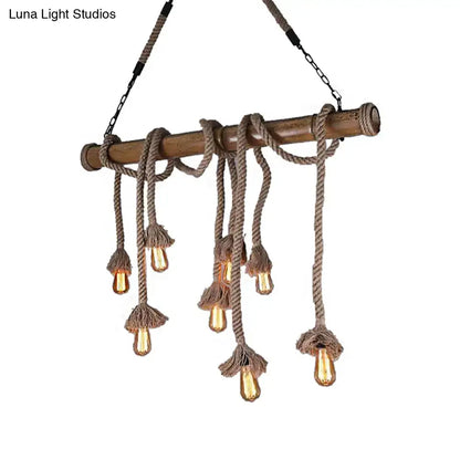 Rustic industrial wood and rope island pendant light dining room