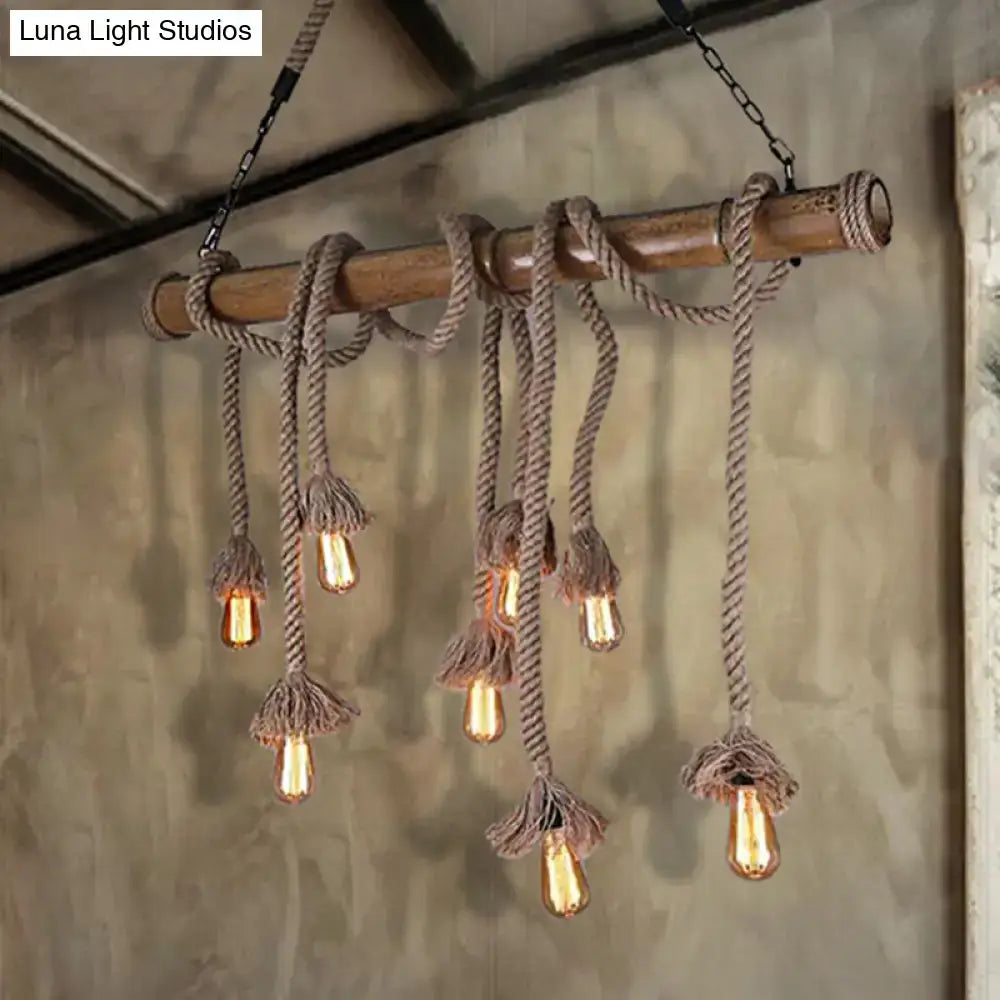 Rustic industrial wood and rope island pendant light dining room
