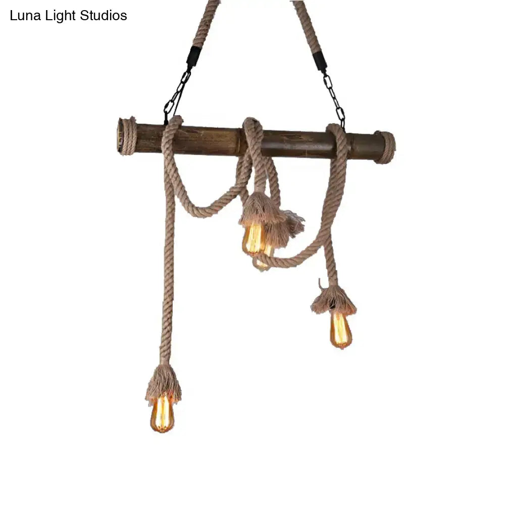 Rustic industrial wood and rope island pendant light dining room