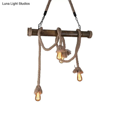 Rustic industrial wood and rope island pendant light dining room