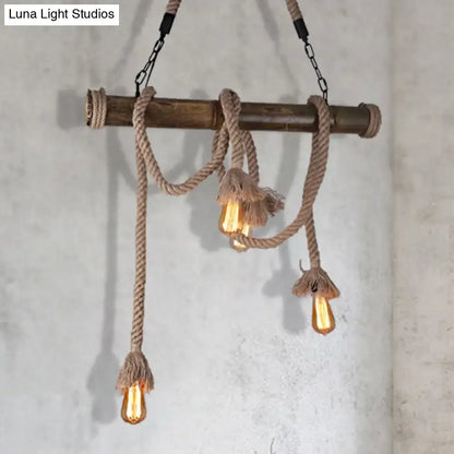 Rustic industrial wood and rope island pendant light dining room