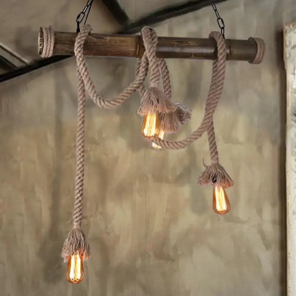 Rustic industrial wood and rope island pendant light dining room