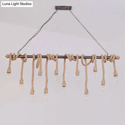 Rustic industrial wood hemp rope exposed bulb pendant light dining room