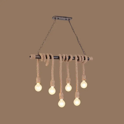 Rustic industrial wood hemp rope exposed bulb pendant light dining room