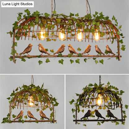 DecorBites™ Rustic Island Ceiling Light with Cast Iron Birdcage Fixture, Bird & Leaf Deco