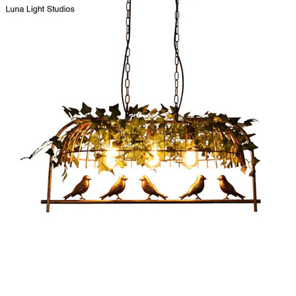 DecorBites™ Rustic Island Ceiling Light with Cast Iron Birdcage Fixture, Bird & Leaf Deco