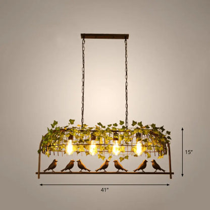 DecorBites™ Rustic Island Ceiling Light with Cast Iron Birdcage Fixture, Bird & Leaf Deco