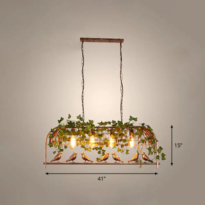 DecorBites™ Rustic Island Ceiling Light with Cast Iron Birdcage Fixture, Bird & Leaf Deco