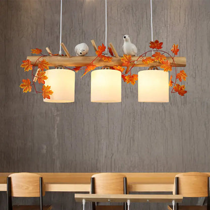 Rustic ivory glass wood island pendant – kitchen green leaf decor