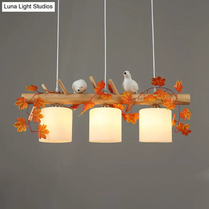 Rustic ivory glass wood island pendant – kitchen green leaf decor
