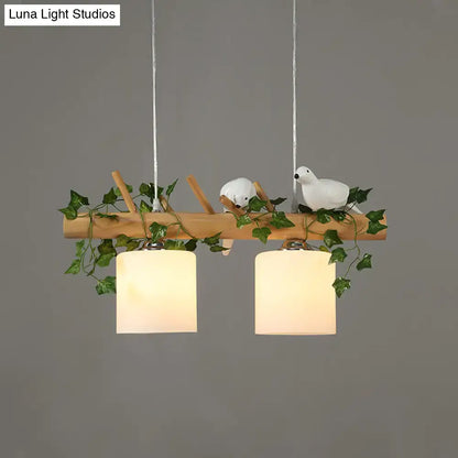 Rustic ivory glass wood island pendant – kitchen green leaf decor