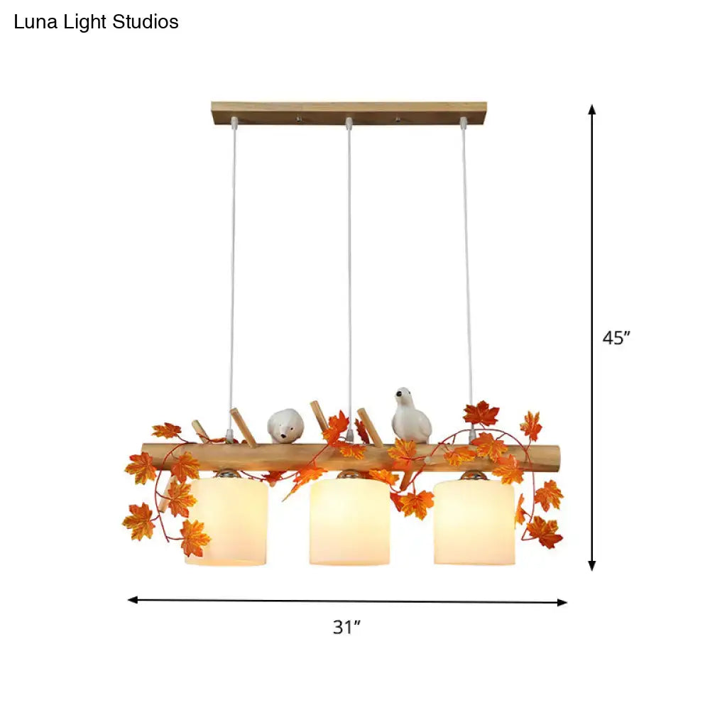 Rustic ivory glass wood island pendant – kitchen green leaf decor