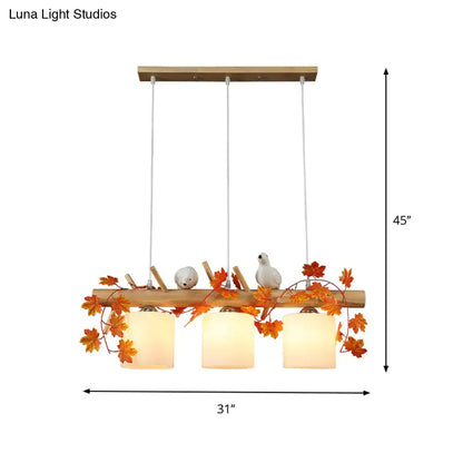 Rustic ivory glass wood island pendant – kitchen green leaf decor
