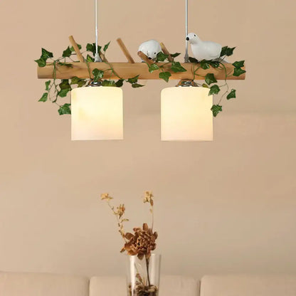 Rustic ivory glass wood island pendant – kitchen green leaf decor