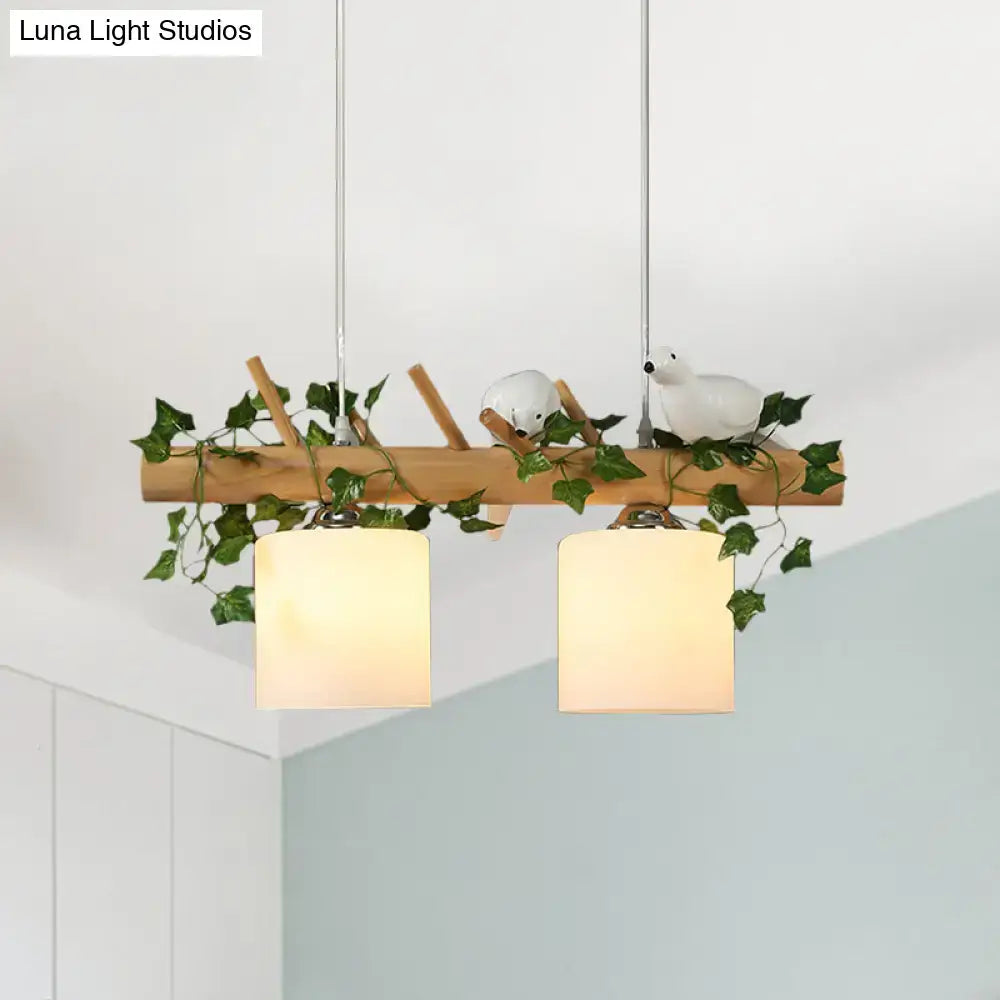 Rustic ivory glass wood island pendant – kitchen green leaf decor