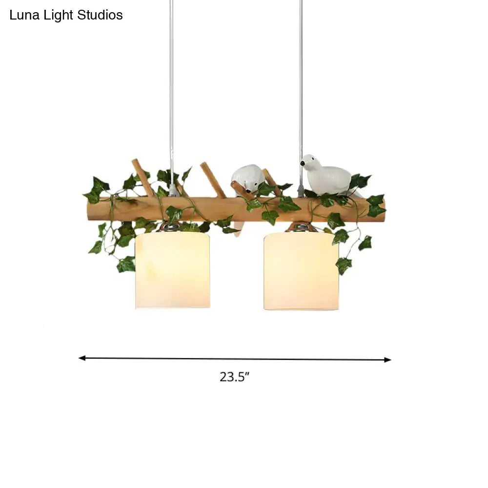 Rustic ivory glass wood island pendant – kitchen green leaf decor