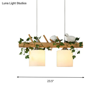 Rustic ivory glass wood island pendant – kitchen green leaf decor