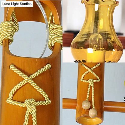 Rustic kerosene island light wooden chandelier kitchen amber glass