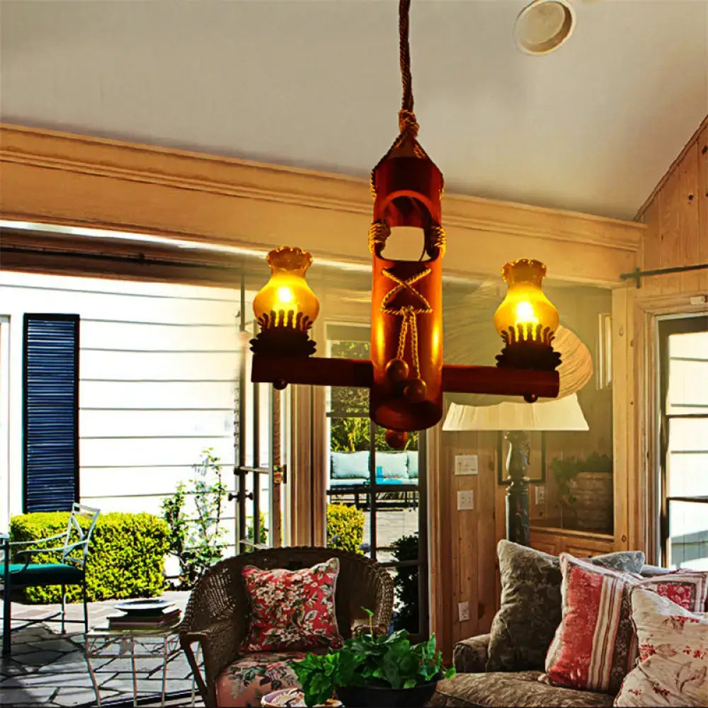 Rustic kerosene island light wooden chandelier kitchen amber glass