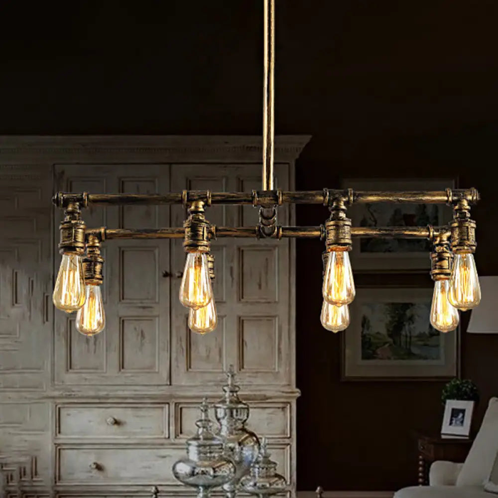 DecorBites™ Rustic Kitchen Island Pendant Light with Aged Brass Finish and 8 Water Pipe Wrought Iron Lights