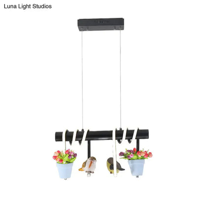 Rustic led island black metal bird and flower light dining room