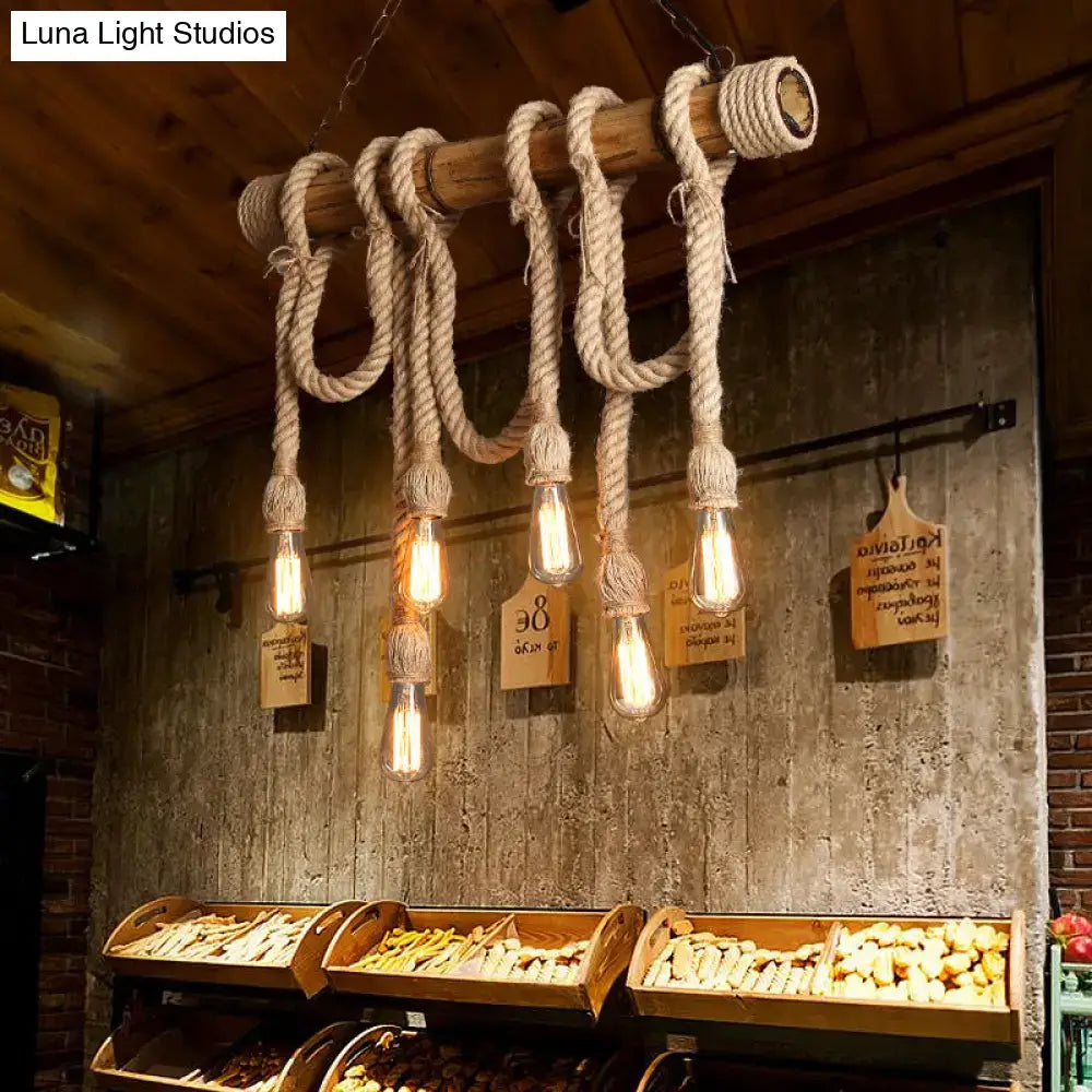 Rustic lodge industrial bamboo island light kitchen rope chandelier