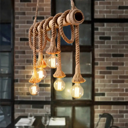 Rustic lodge industrial bamboo island light kitchen rope chandelier