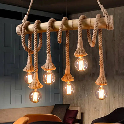 Rustic lodge industrial bamboo island light kitchen rope chandelier