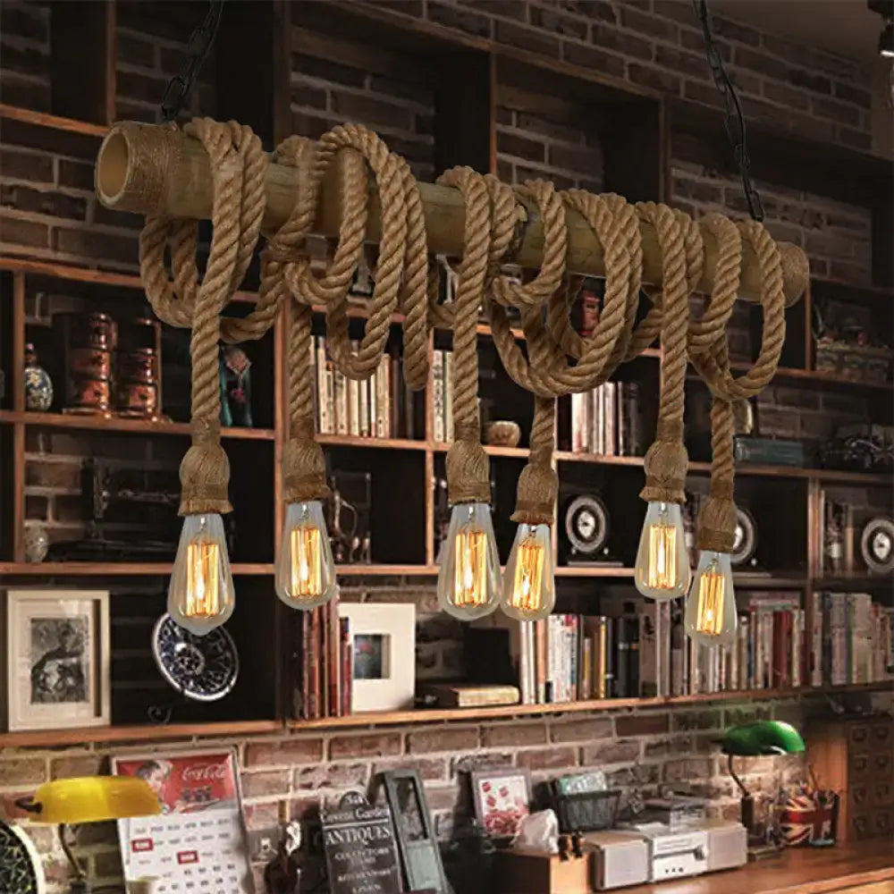 Rustic lodge industrial bamboo island light kitchen rope chandelier