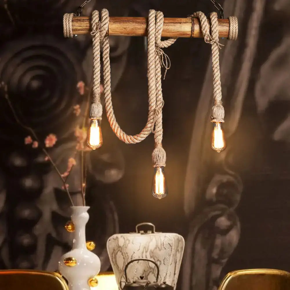 Rustic lodge industrial bamboo island light kitchen rope chandelier