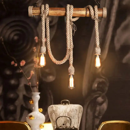 Rustic lodge industrial bamboo island light kitchen rope chandelier