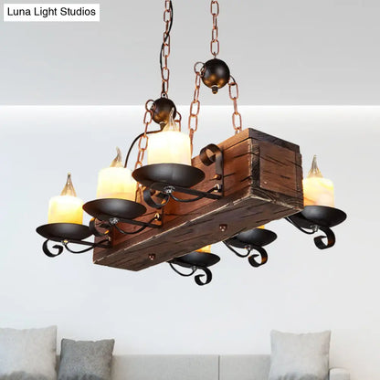 DecorBites™ Rustic Marble Candle Pendant Light with Wood Design - 6/8-Light Island Hanging Lamp in Brown