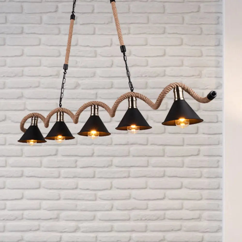 DecorBites™ Rustic Metal Cone Island Ceiling Light with Rope and Chain - Brown