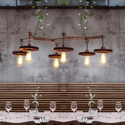 DecorBites™ Rustic Metal Island Lamp with 6 Lights - Open Bulb Pendant Lighting for Dining Room with Gear Deco