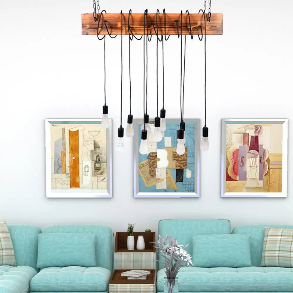 DecorBites™ Rustic Metal Island Lighting with Wooden Beam - Multi Light Suspension Chandelier in Black/Antique Brass